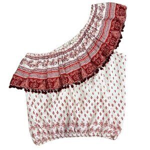 One Shoulder Boho Top w/Tassles by Living Doll Red & Pink Floral print size smal